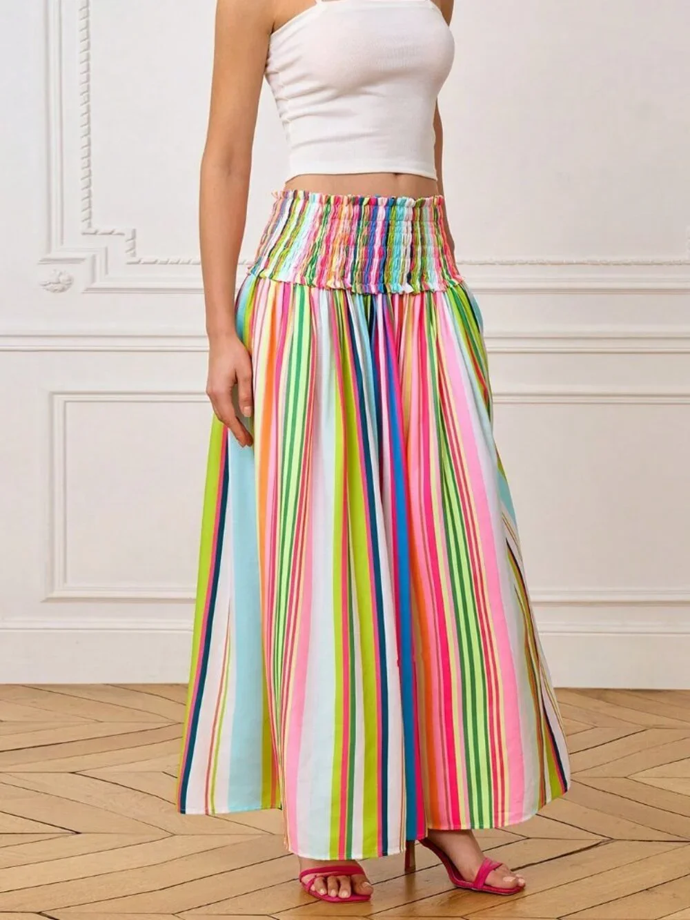 Pink Boho Women's Elegant Casual Colorful Striped Waist Ruched A-Line Skirt